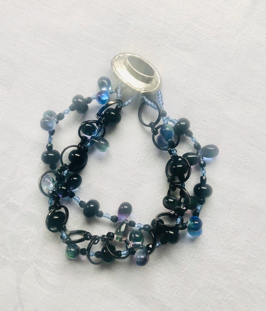 Two Strand Black and Blue Onyx and Glass Bracelet-SugarJewlz Handmade Jewelry