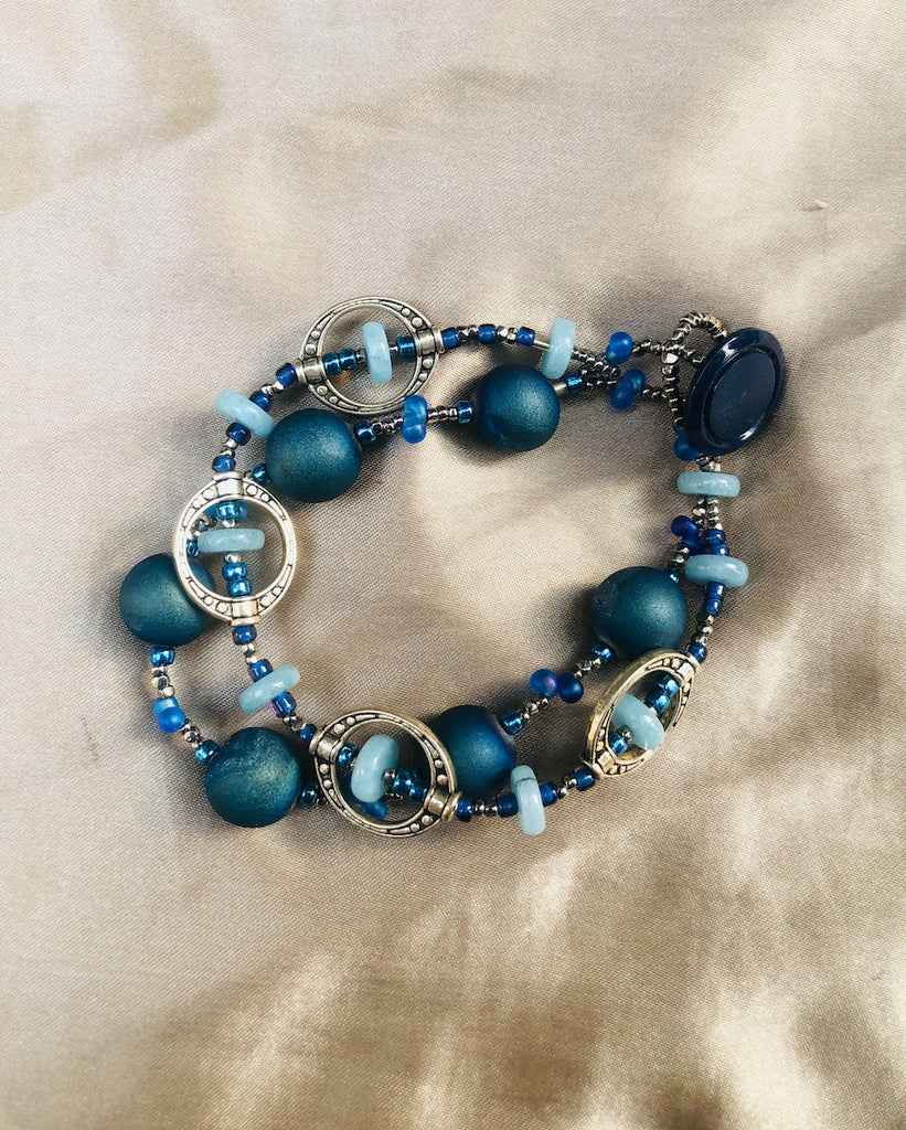 Blue Druzy with Aquamarine Discs and Metal Cages Bracelet-SugarJewlz Handmade Jewelry