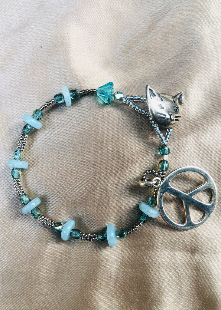 Cat Button and Peace Sign with Amazonite Bracelet-SugarJewlz Handmade Jewelry