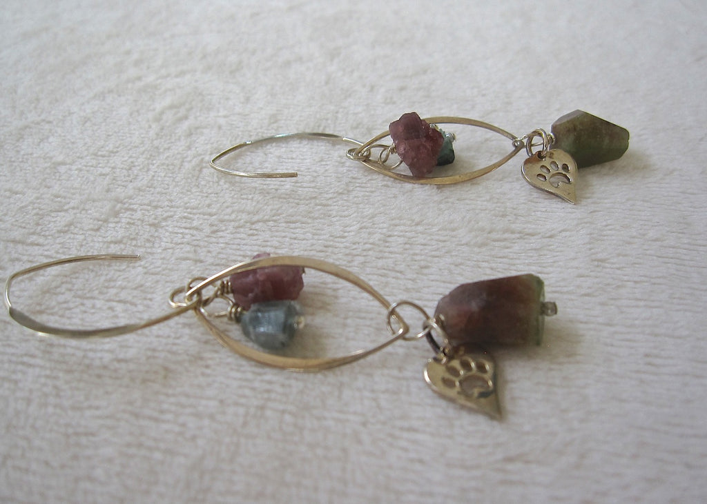 Sterling Silver Cages with Tourmaline and Paw Prints Earrings-SugarJewlz Handmade Jewelry