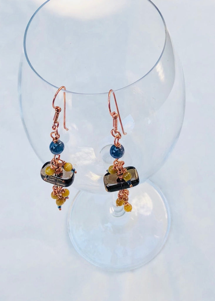 Smokey Quartz with Kyanite,Tiger Eye and Copper Earrings-SugarJewlz Handmade Jewelry
