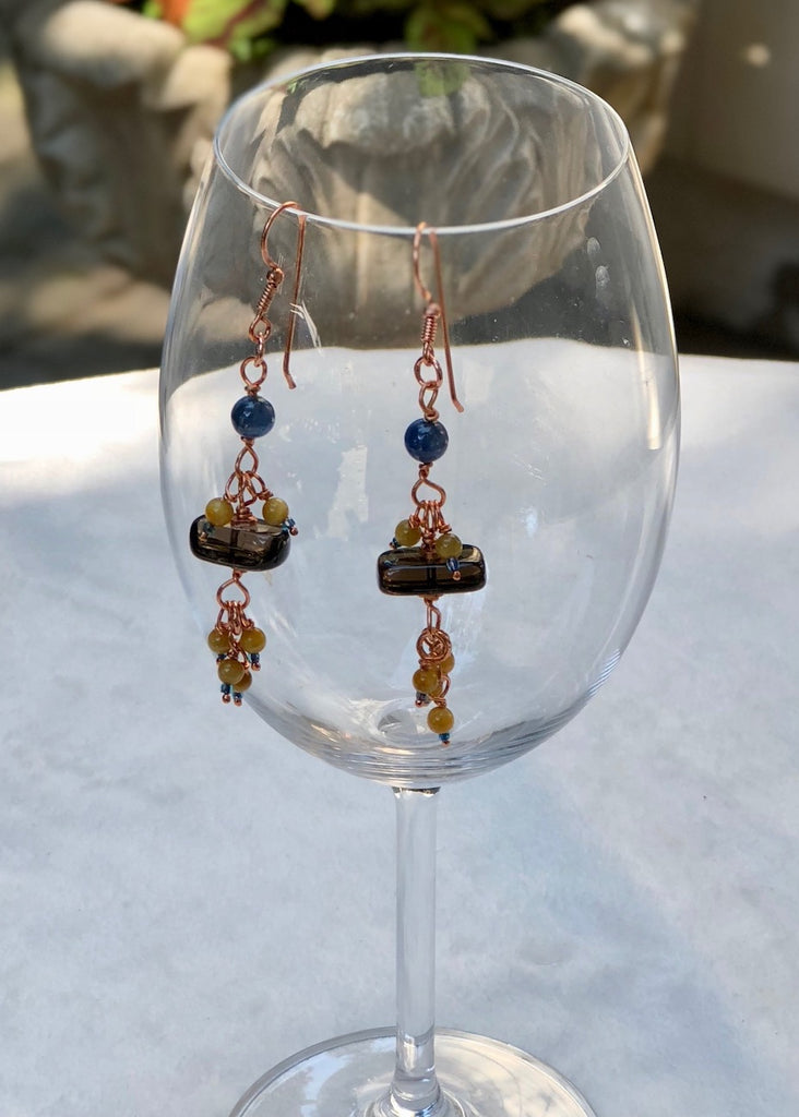 Smokey Quartz with Kyanite,Tiger Eye and Copper Earrings-SugarJewlz Handmade Jewelry