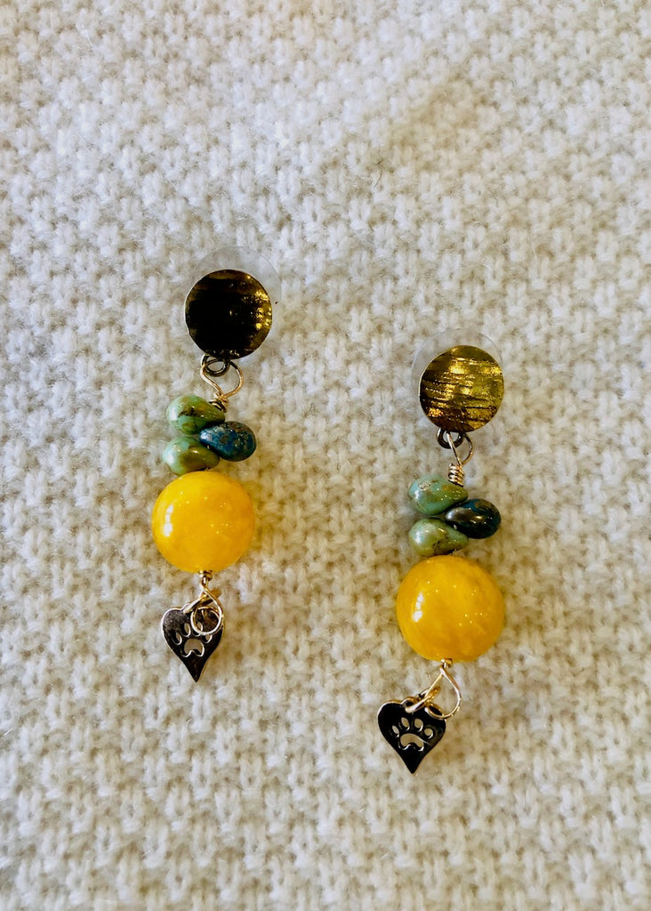 Yellow Round Agate with Paw Print Hearts Earrings-SugarJewlz Handmade Jewelry