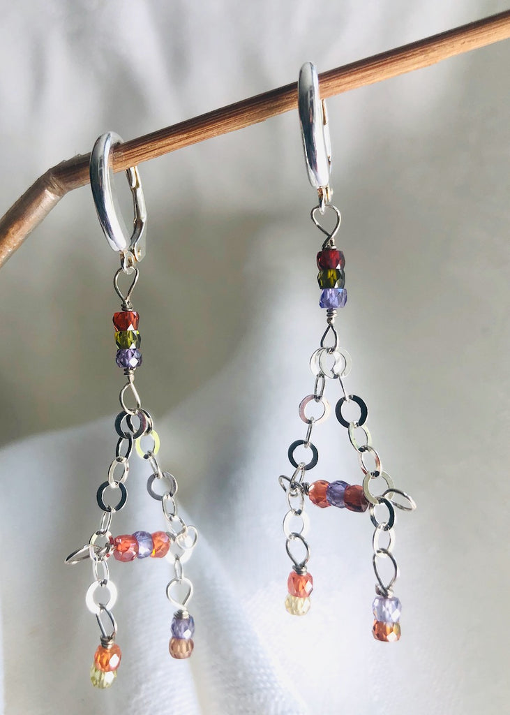 Cubic Zirconia with Sterling Silver Chain Earrings-SugarJewlz Handmade Jewelry
