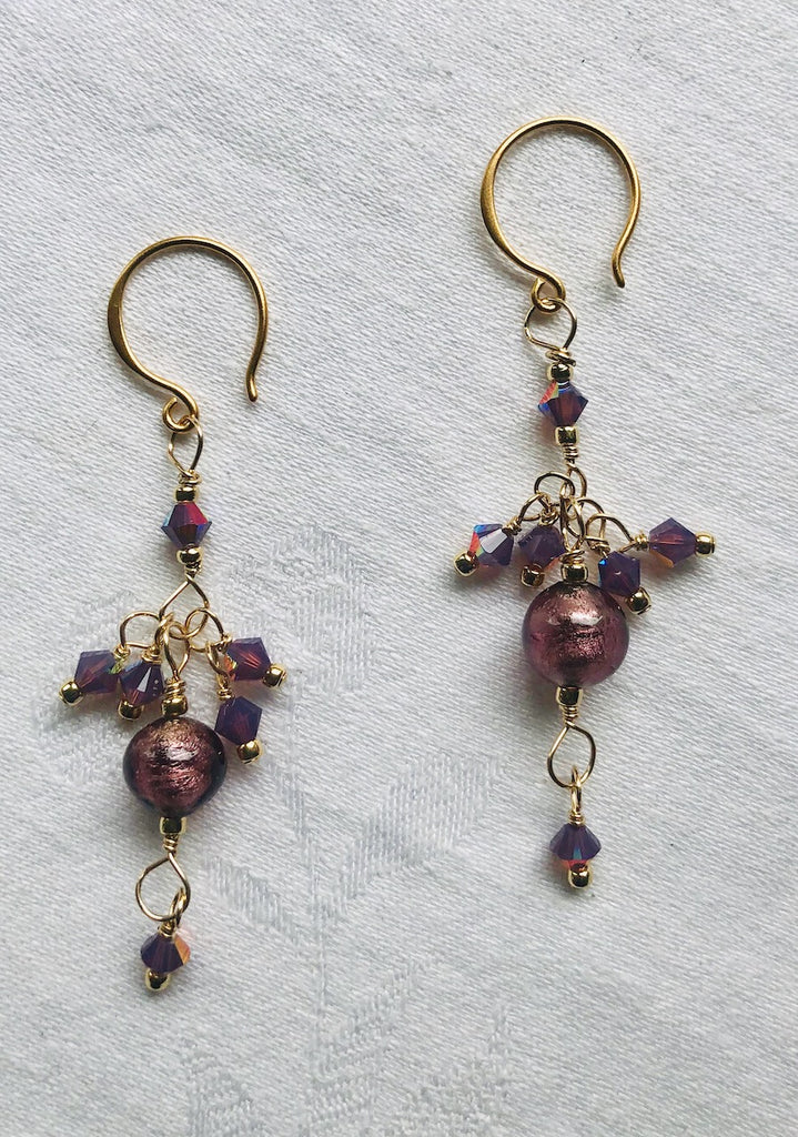 Purple Venetian Glass and Swarovski Crystals Earrings-SugarJewlz Handmade Jewelry