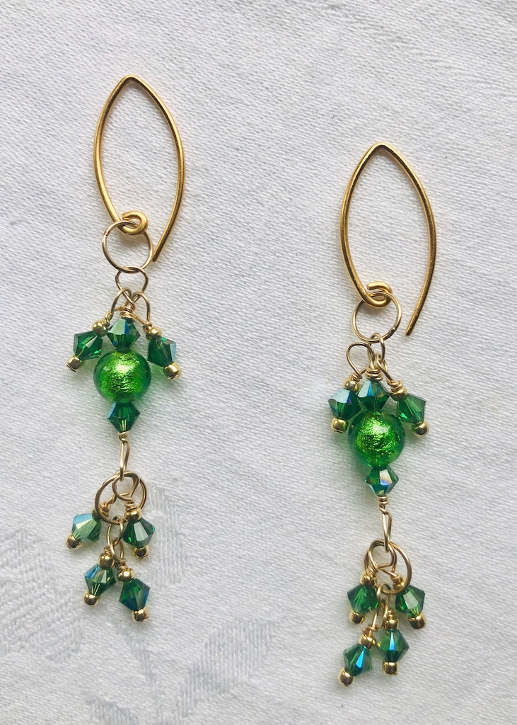 Emerald Venetian Glass and Swarovski Crystal Earrings-SugarJewlz Handmade Jewelry