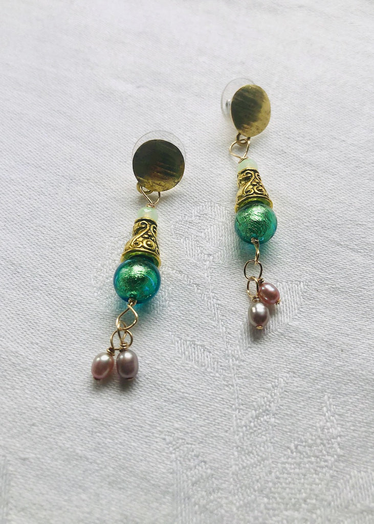 Teal Venetian Glass with Pearls and Brass Earrings-SugarJewlz Handmade Jewelry