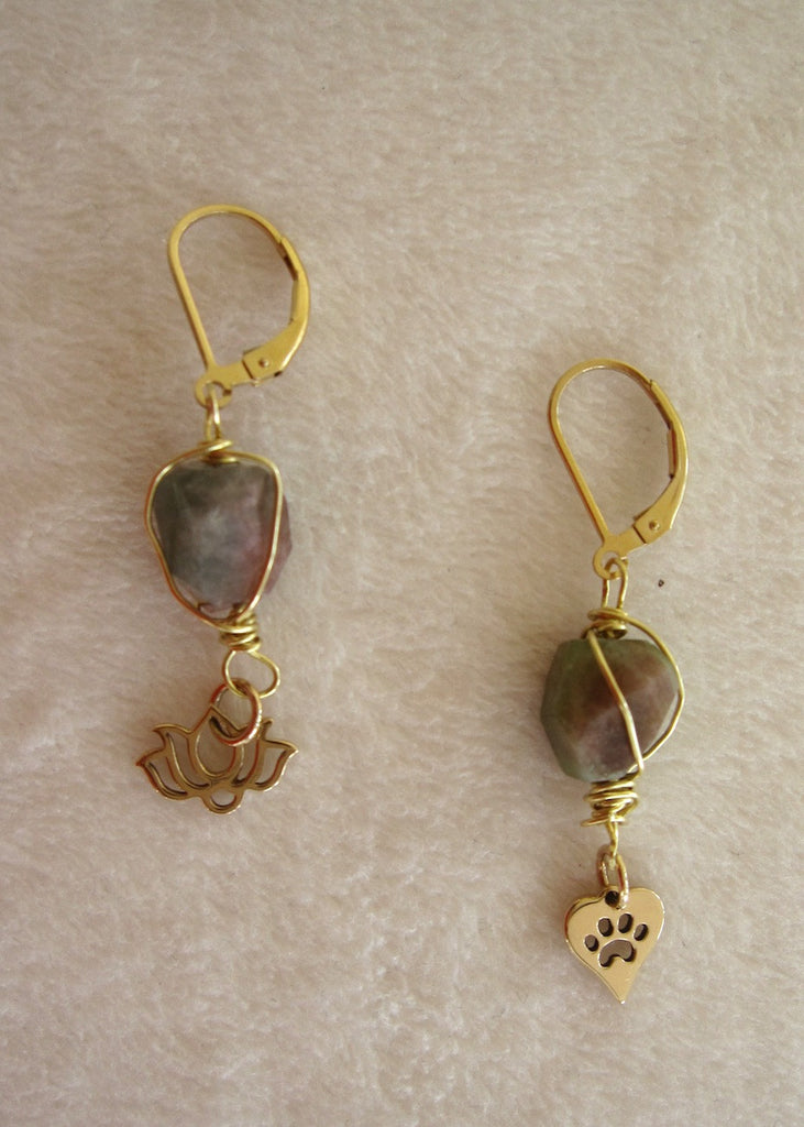 Tourmaline Wrapped in Brass With Charms Earrings-SugarJewlz Handmade Jewelry