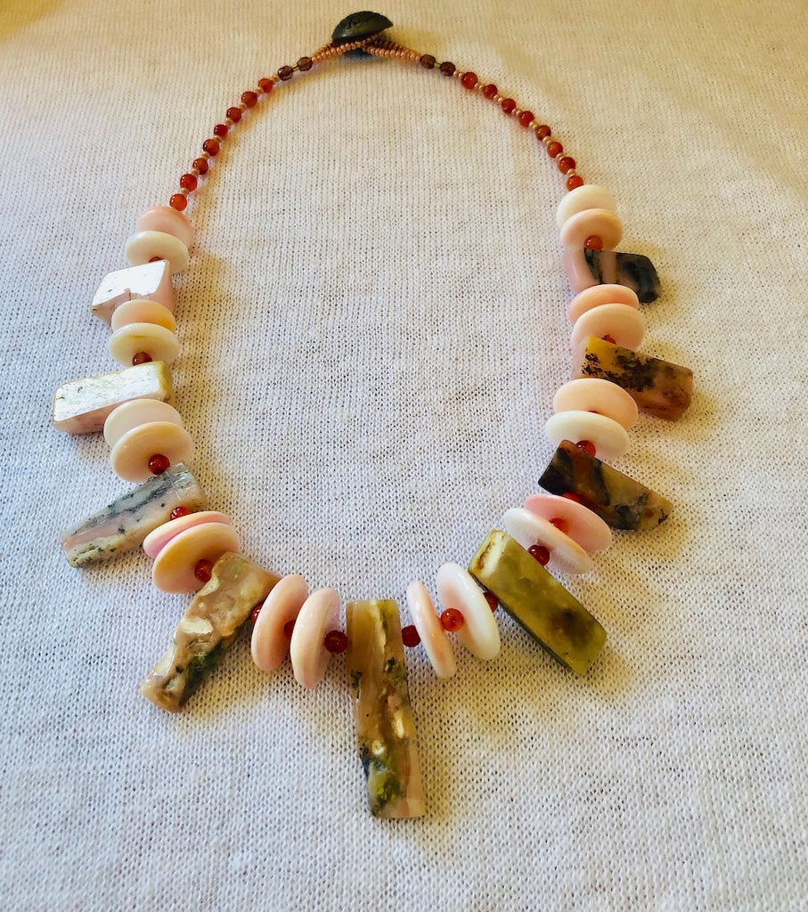 Rose Quartz and Shell with Carnelian Necklace-SugarJewlz Handmade Jewelry