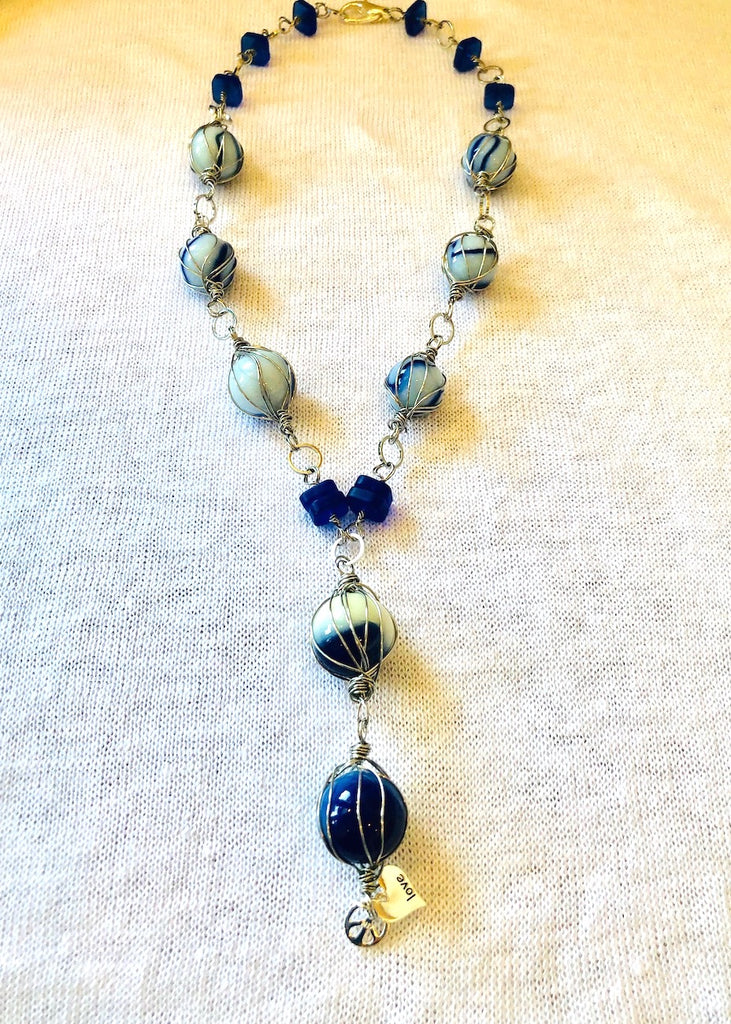 Blue Swirl Marbles with Charms Necklace-SugarJewlz Handmade Jewelry