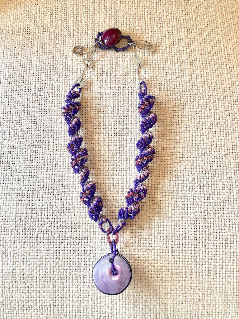 Hand Stitched Purple Spiral with Glass Pendant Necklace-SugarJewlz Handmade Jewelry