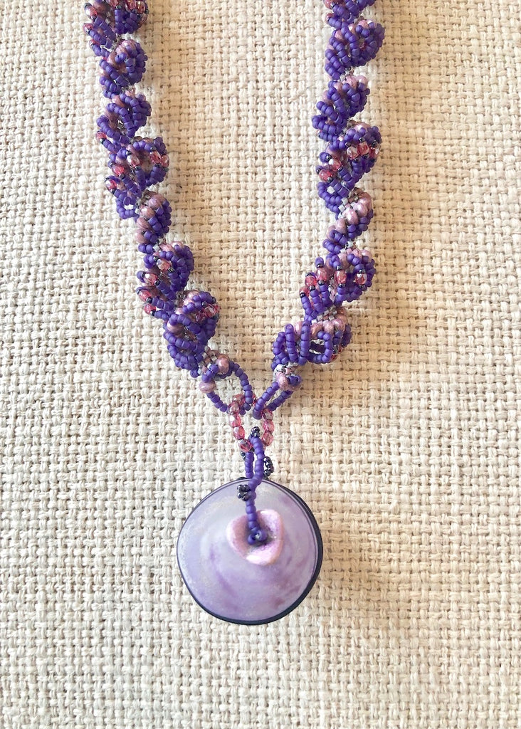 Hand Stitched Purple Spiral with Glass Pendant Necklace-SugarJewlz Handmade Jewelry