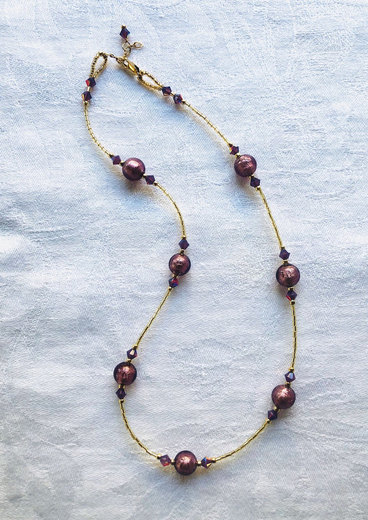 Purple Venetian Glass with Swarovski Crystals Necklace-SugarJewlz Handmade Jewelry