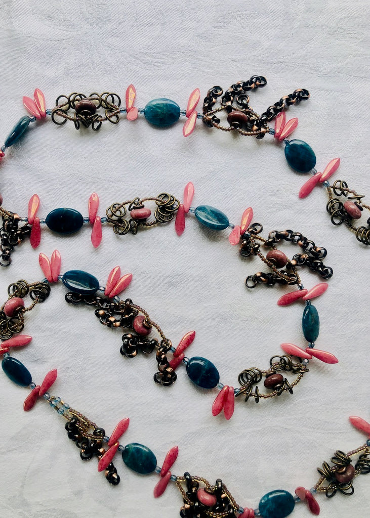 Blue Kyanite with Chain and Rhodonite Long Necklace-SugarJewlz Handmade Jewelry