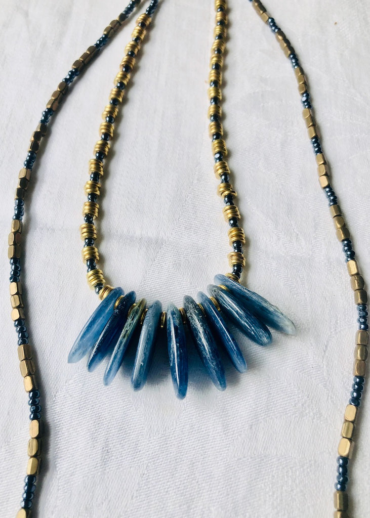 Kyanite Petal with Brass Double Strand Necklace-SugarJewlz Handmade Jewelry