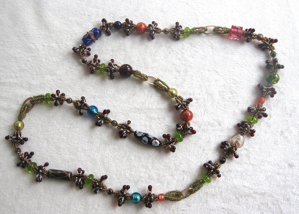 Hand Stitched Venetian Glass Long Necklace-SugarJewlz Handmade Jewelry