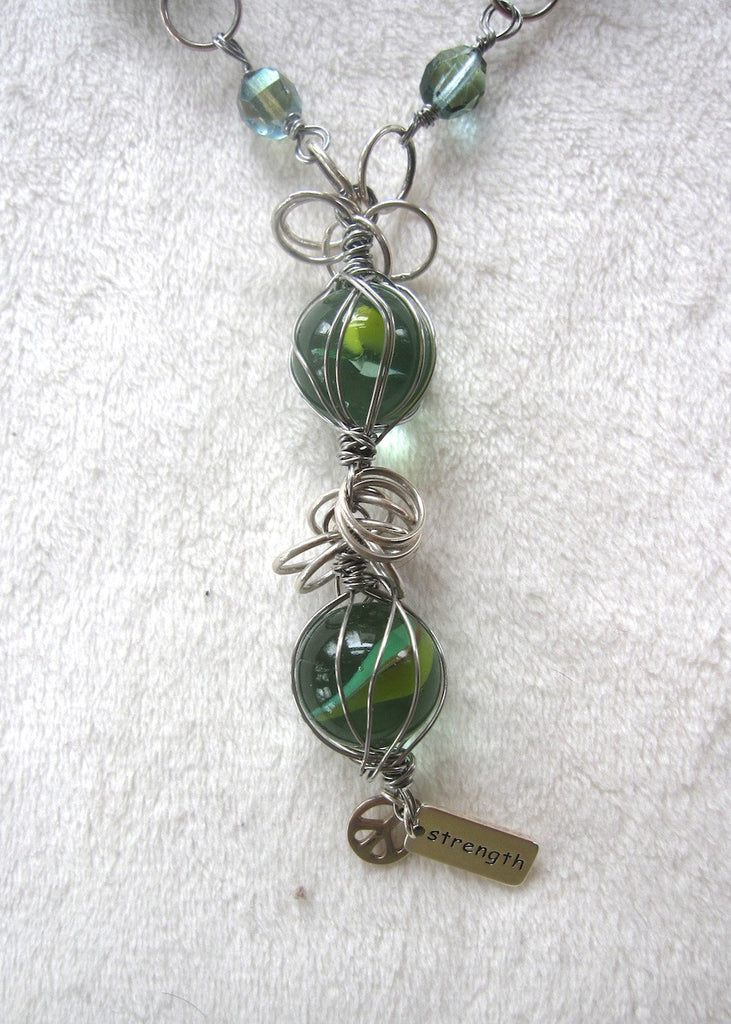 Wire Wrapped Vintage Swirl Marbles and Charms Necklace-SugarJewlz Handmade Jewelry