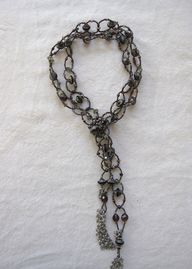 Earthy Woven Glass Lariat Necklace-SugarJewlz Handmade Jewelry