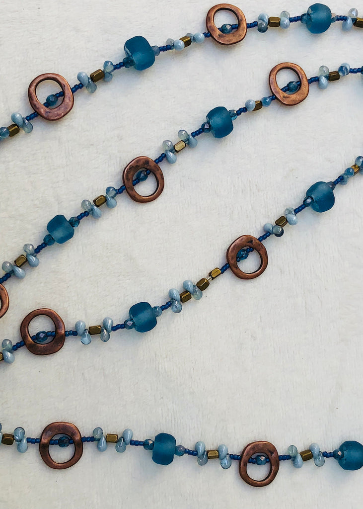 Brushed Copper Metal Frames with Recycled Glass Long Necklace-SugarJewlz Handmade Jewelry