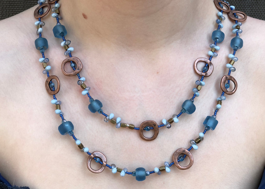 Brushed Copper Metal Frames with Recycled Glass Long Necklace-SugarJewlz Handmade Jewelry