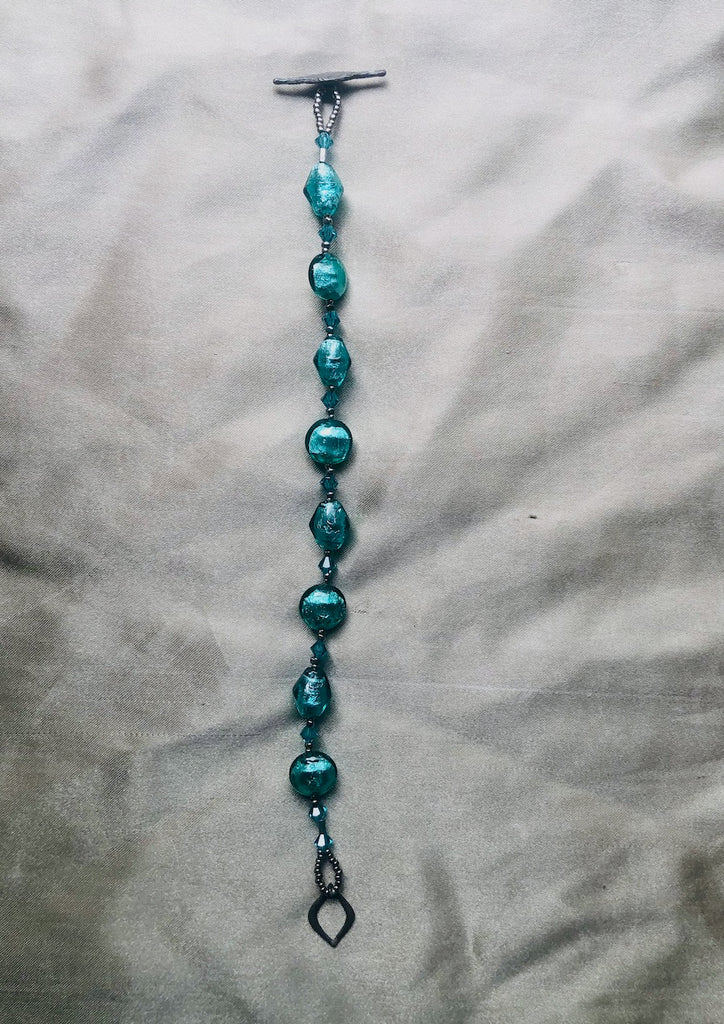 Teal Venetian Glass with Swarovski Crystals and Oxidized Sterling Silver-SugarJewlz Handmade Jewelry