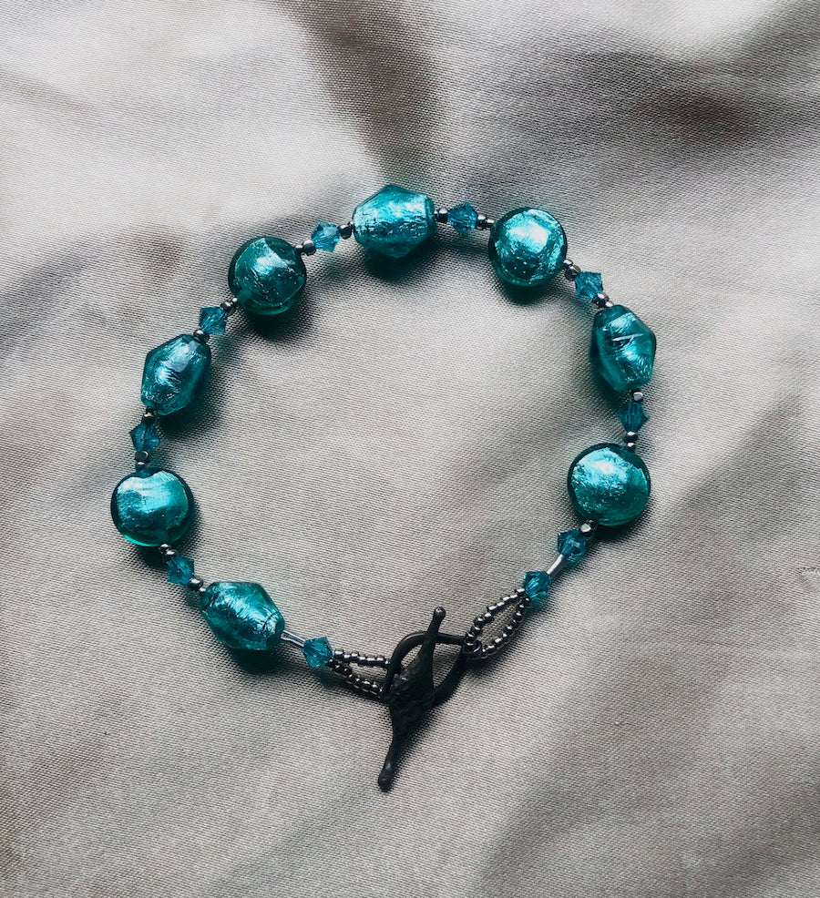 Teal Venetian Glass with Swarovski Crystals and Oxidized Sterling Silver-SugarJewlz Handmade Jewelry