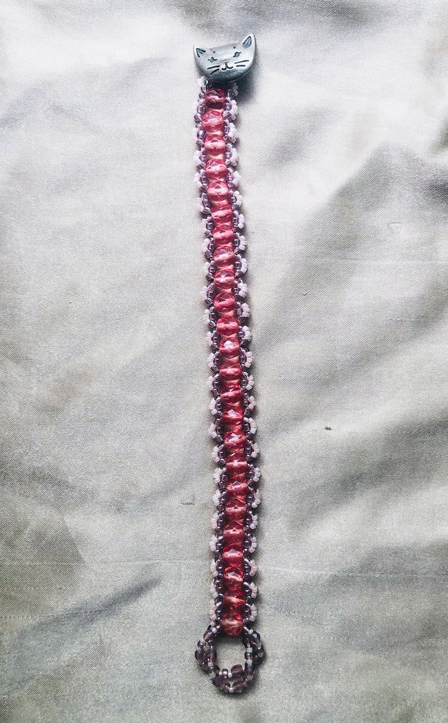 Hand Stitched Pink Glass Beads with Cat Button Bracelet-SugarJewlz Handmade Jewelry