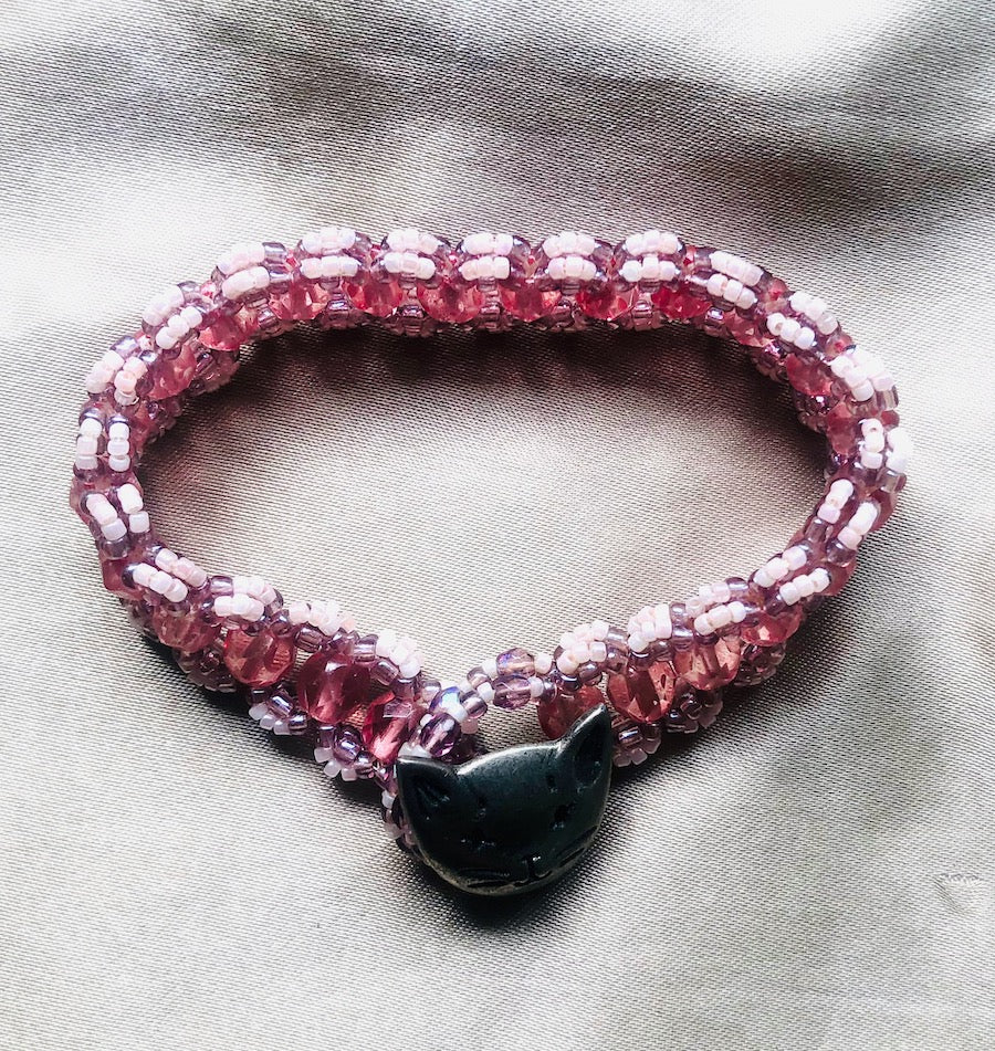 Hand Stitched Pink Glass Beads with Cat Button Bracelet-SugarJewlz Handmade Jewelry