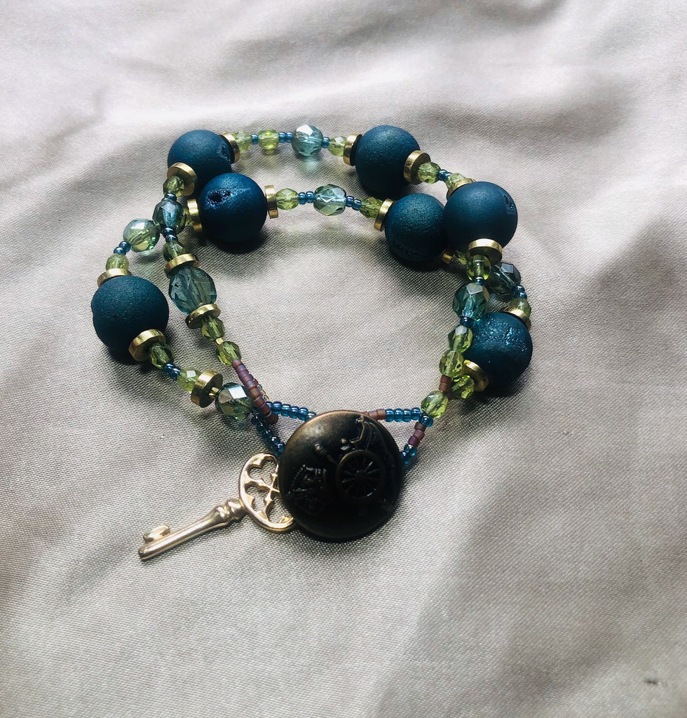 Two Strand Blue Druzy Spheres with Key charm Bracelet-SugarJewlz Handmade Jewelry