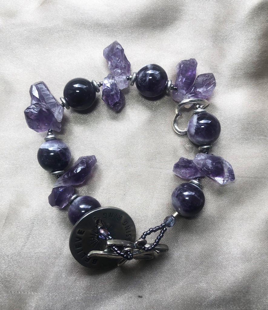 Amethyst Spheres and Daggers with Heart Charm Bracelet-SugarJewlz Handmade Jewelry