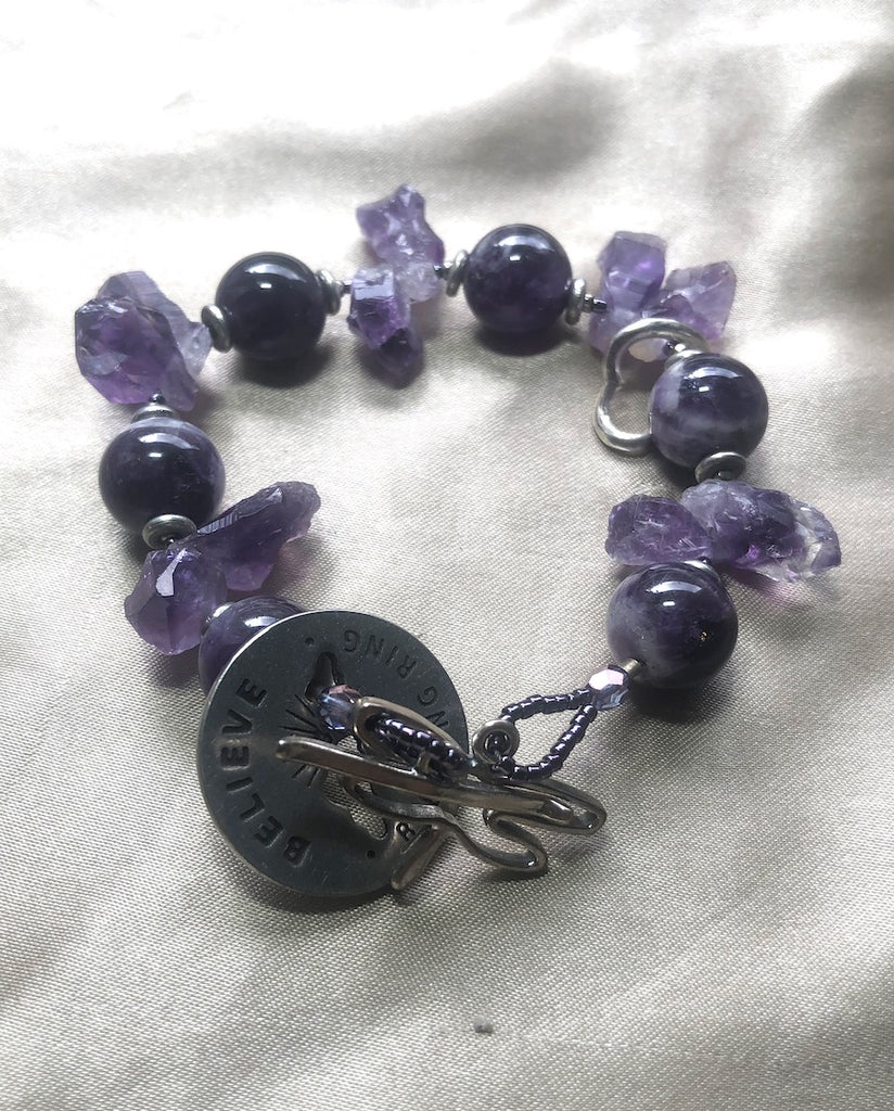 Amethyst Spheres and Daggers with Heart Charm Bracelet-SugarJewlz Handmade Jewelry