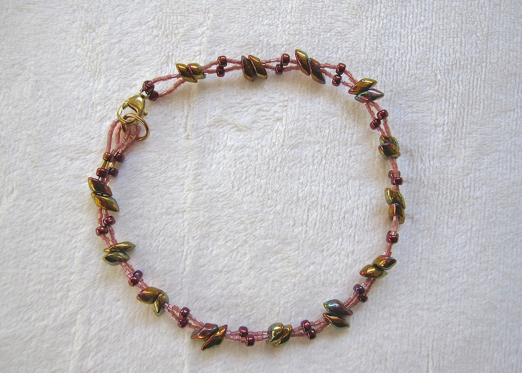 Woven Pink and Bronze Ankle Bracelet-SugarJewlz Handmade Jewelry