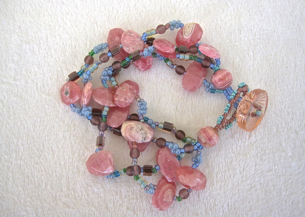 Rodocrosite and Glass Four Strand Bracelet-SugarJewlz Handmade Jewelry