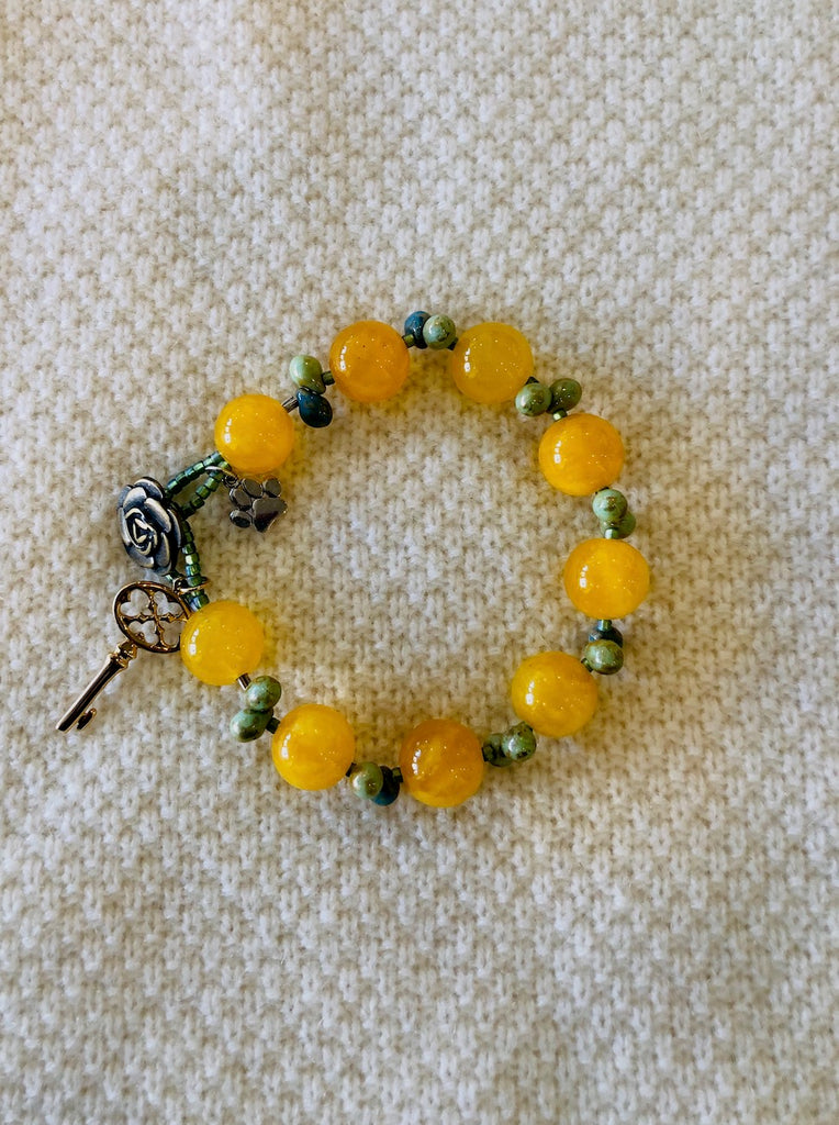 Yellow Agate with Glass Drops and Charms Bracelet-SugarJewlz Handmade Jewelry