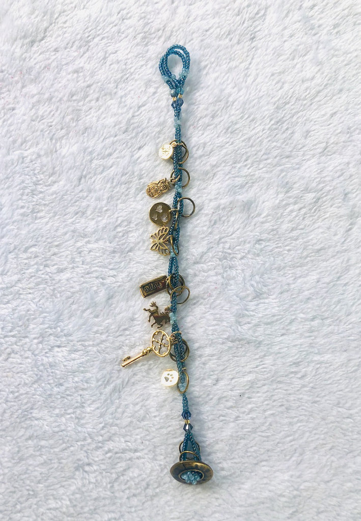 Brass Charm Bracelet with Blue Glass Beads-SugarJewlz Handmade Jewelry