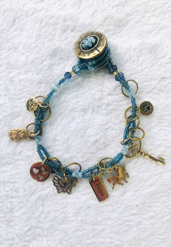 Brass Charm Bracelet with Blue Glass Beads-SugarJewlz Handmade Jewelry