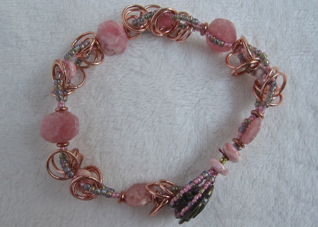 Rodocrosite with Copper Rings Bracelet-SugarJewlz Handmade Jewelry