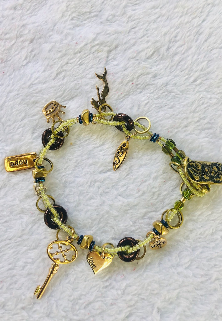 Brass Charms with Glass Rings and Flower Button Bracelet-SugarJewlz Handmade Jewelry