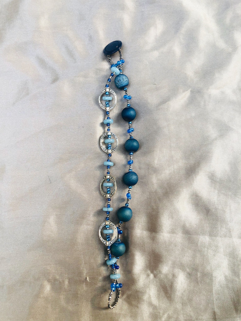 Blue Druzy with Aquamarine Discs and Metal Cages Bracelet-SugarJewlz Handmade Jewelry