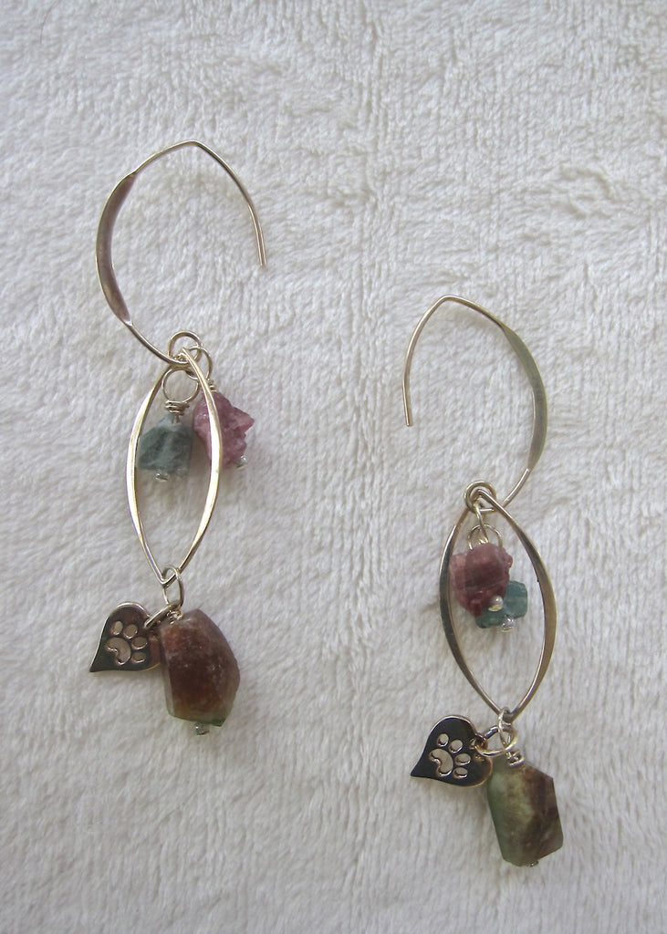 Sterling Silver Cages with Tourmaline and Paw Prints Earrings-SugarJewlz Handmade Jewelry