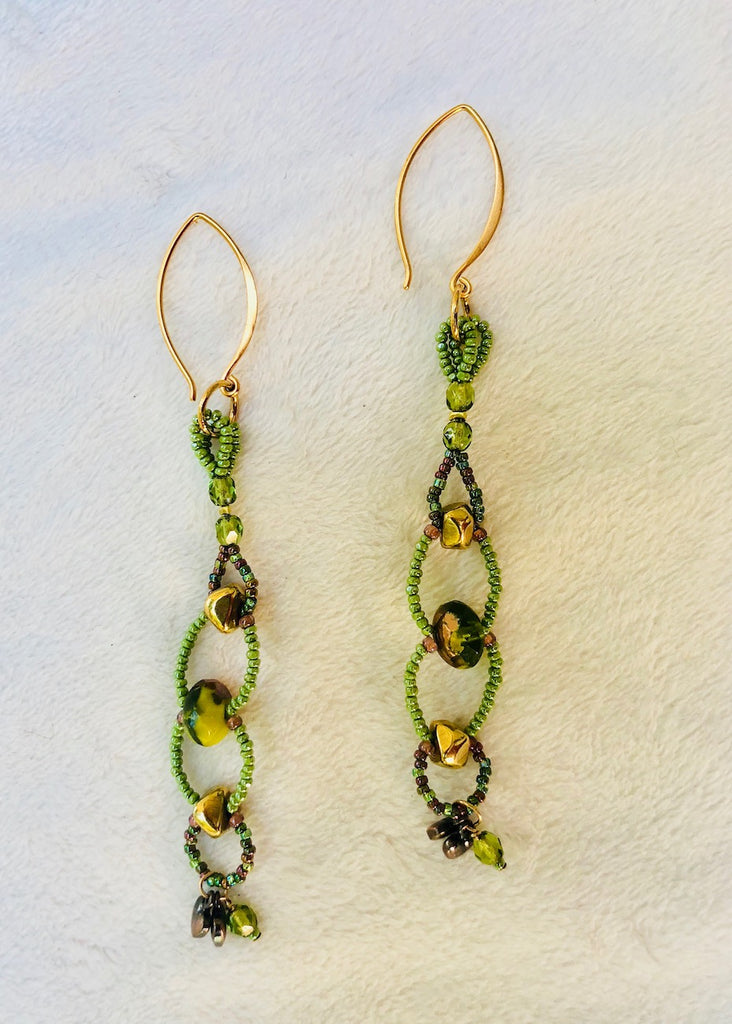 Olive Glass and Brass Charm Earrings-SugarJewlz Handmade Jewelry