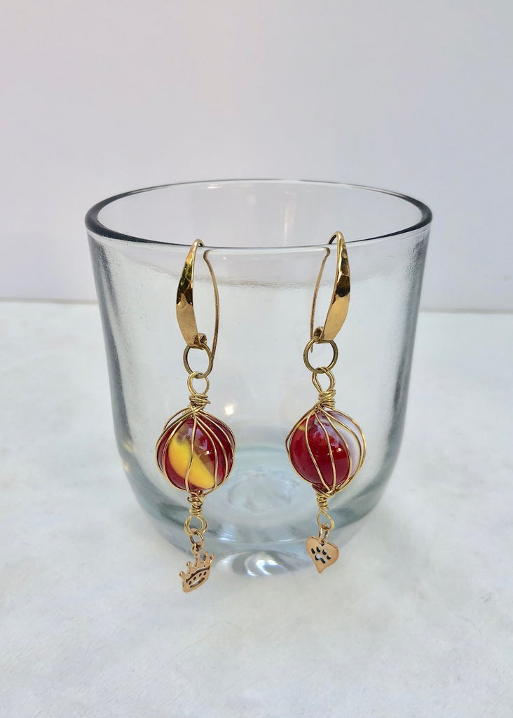 Yellow and Red Swirl Marbles with Charms Earrings-SugarJewlz Handmade Jewelry