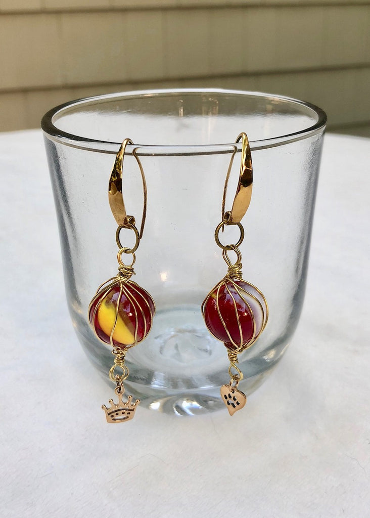 Yellow and Red Swirl Marbles with Charms Earrings-SugarJewlz Handmade Jewelry