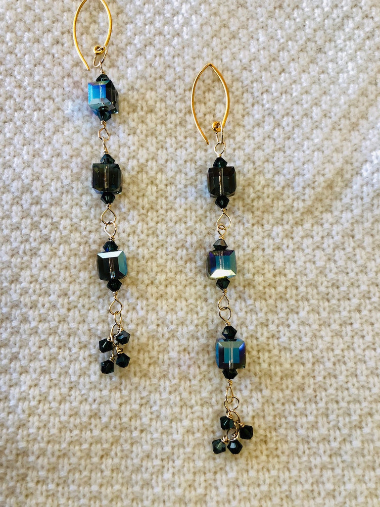 Long Black Diamond Swarovski Cubes Earrings-SugarJewlz Handmade Jewelry