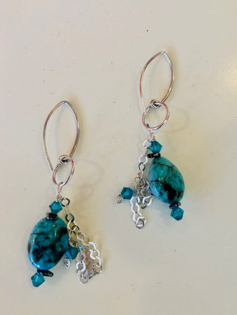 Turquoise and Sterling Chain with Swarovski Crystals Earrings-SugarJewlz Handmade Jewelry