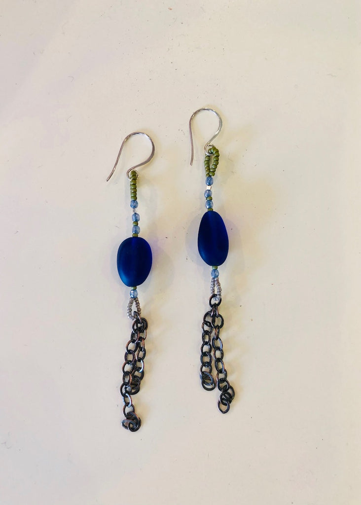 Colbolt Blue Recycled Glass and Chain Earrings-SugarJewlz Handmade Jewelry