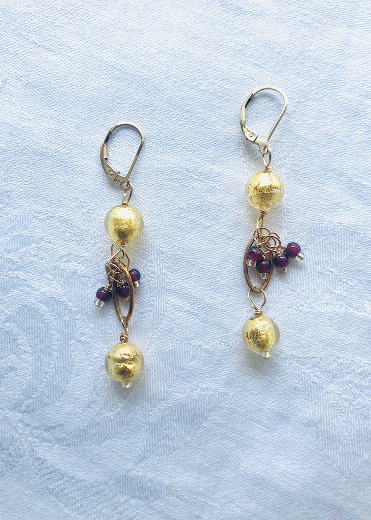 Gold Venetian Glass with Garnet Earrings-SugarJewlz Handmade Jewelry