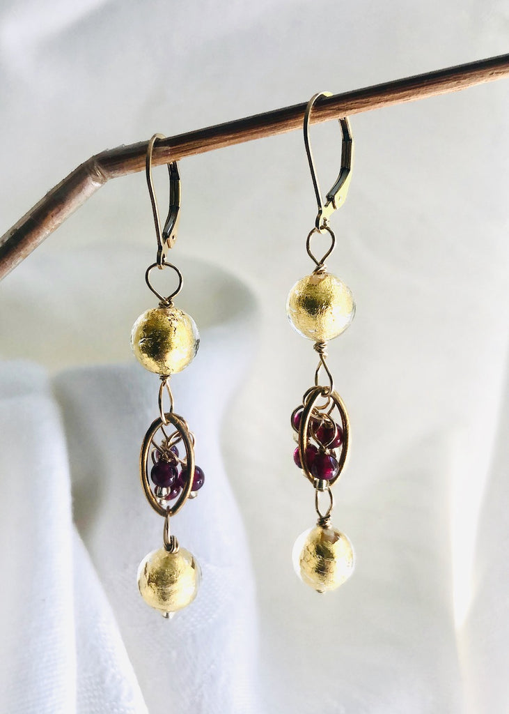 Gold Venetian Glass with Garnet Earrings-SugarJewlz Handmade Jewelry