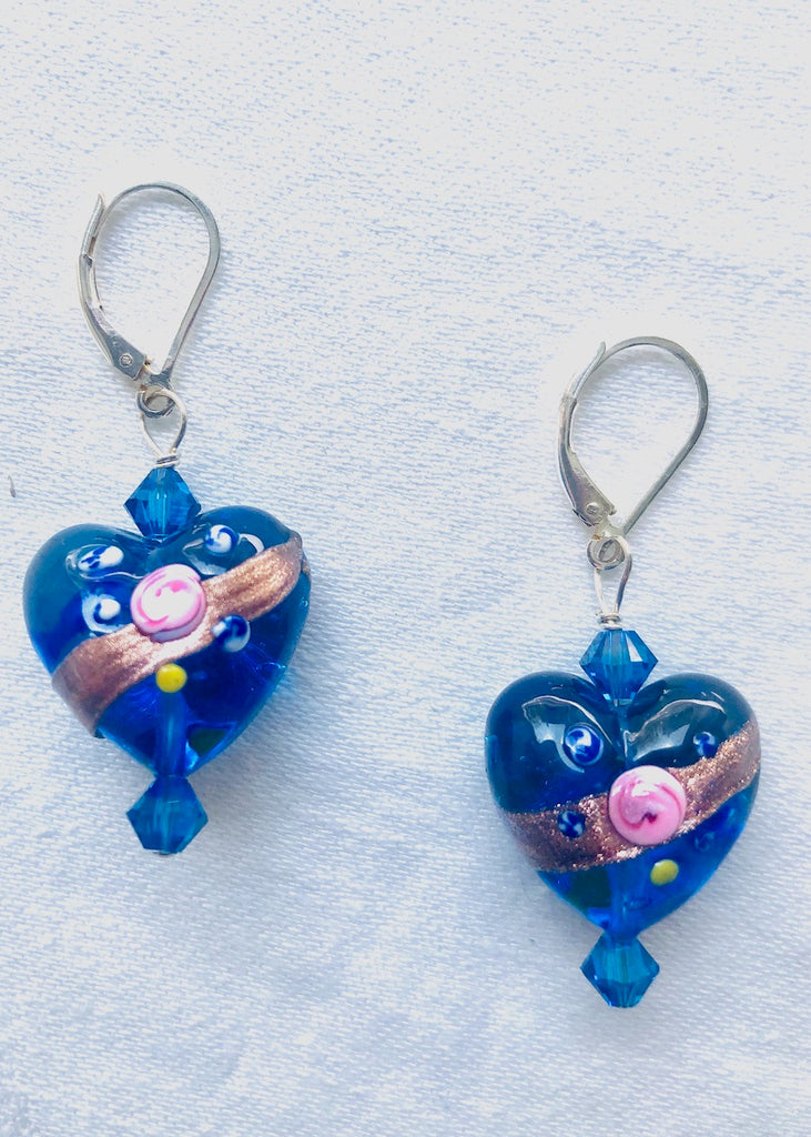 Large Blue Venetian Glass Hearts with Swarovski Crystals Earrings-SugarJewlz Handmade Jewelry