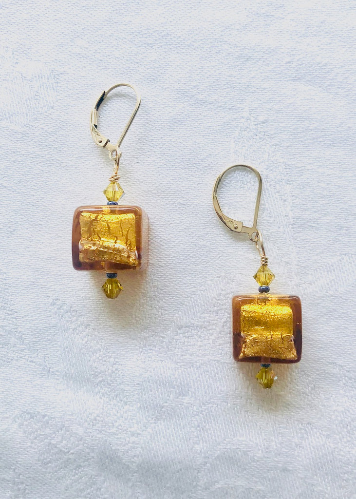 Gold Venetian Glass Cubes with Swarovski Crystals-SugarJewlz Handmade Jewelry